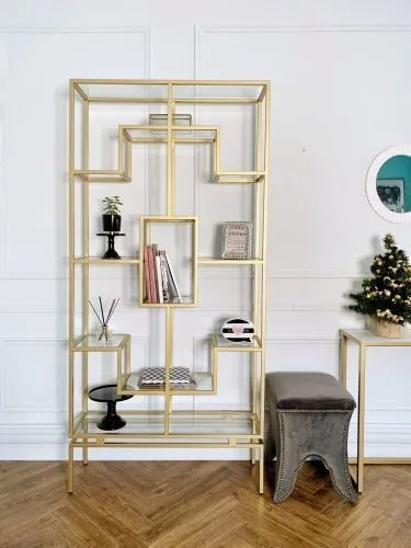 Стеллаж золотой 215 × 30 × 100 см — металлический стеллаж со стеклянными полками