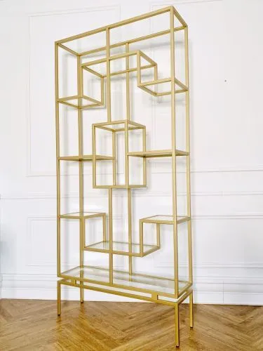 Стеллаж золотой 215 × 30 × 100 см — металлический стеллаж со стеклянными полками фото 3