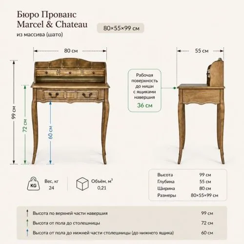 Бюро Прованс Marcel & Chateau из массива (шато) 80х55х99 см фото 2