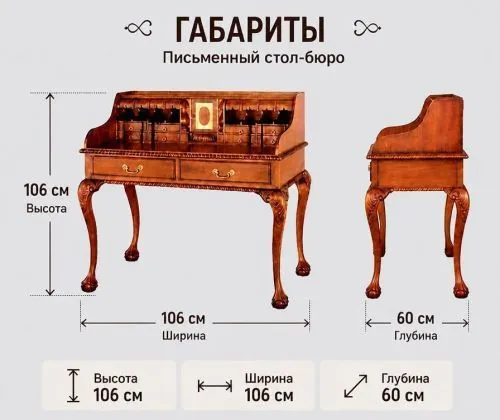 Письменный стол-бюро W004 Чиппендейл зеленая кожа, 106х60х106 см фото 2