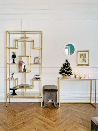 Стеллаж золотой 215 × 30 × 100 см — металлический стеллаж со стеклянными полками фото 6