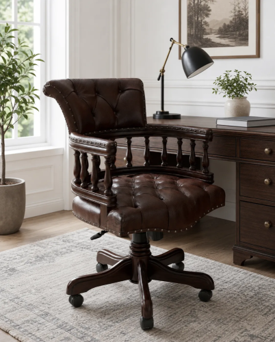 Кожаное кресло руководителя на колесиках 12027 brown (коричневое) из массива Фото
